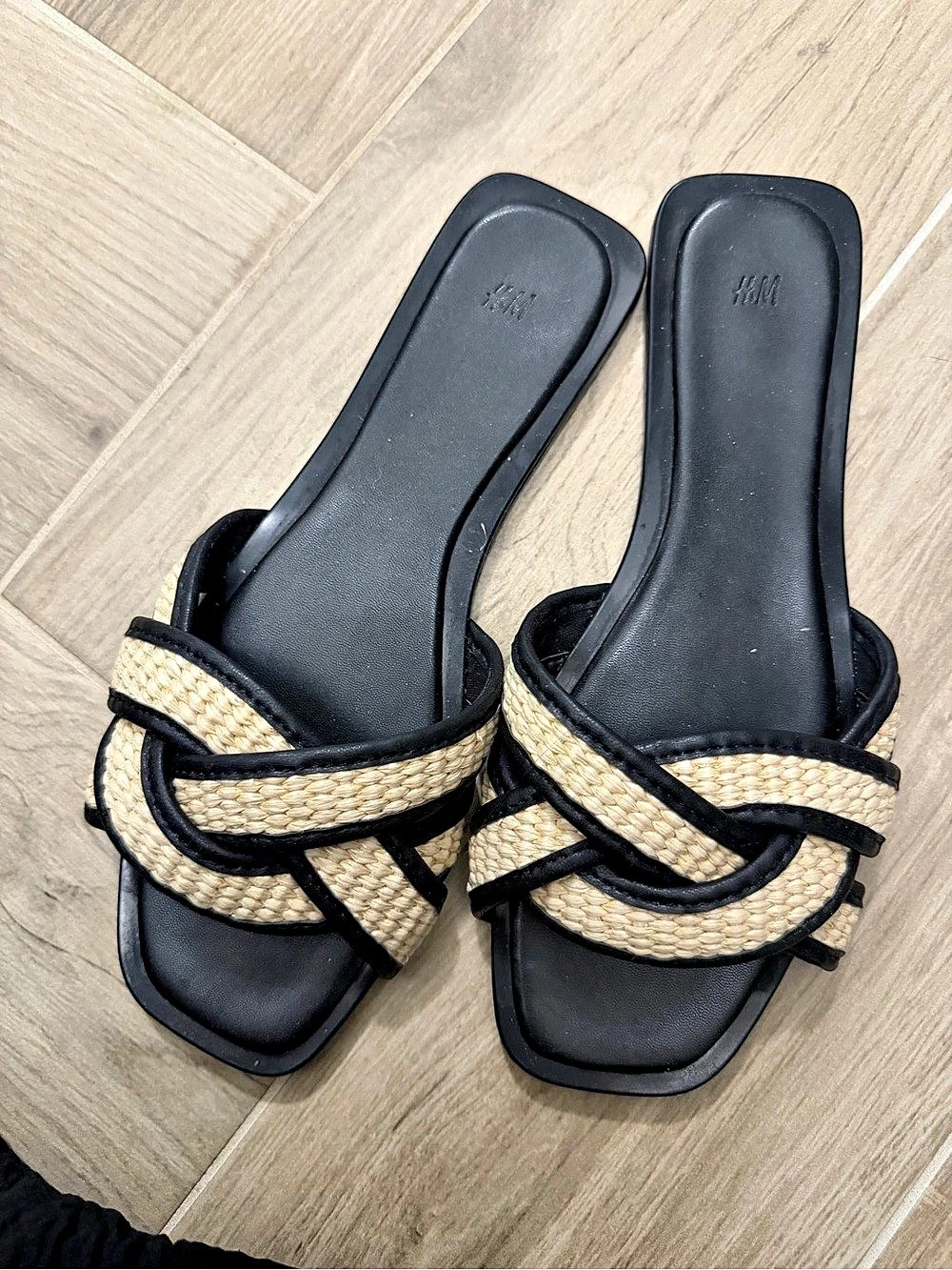 H&M Black & Natural Woven Raffia Slide Sandals